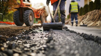 The image shows a close-up of a worker using a roller to smooth out a new layer of asphalt on a road, with a steamroller in the background.