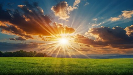 Fototapeta premium Granater AI 1. Sun shining over green field with trees, creating a peaceful and serene natural landscape.