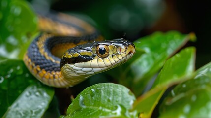 A green snake is in a leafy green bush