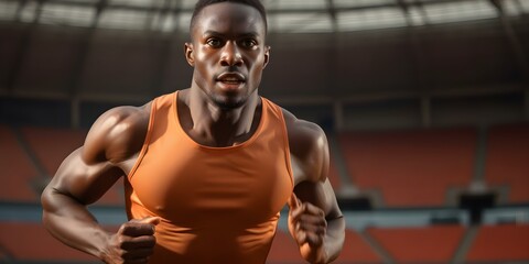 Fototapeta premium Sprinter on track with stadium background promoting sports and healthy lifestyle. Concept Sports Photography, Sprinter Athlete, Stadium Background, Healthy Lifestyle, Outdoor Fitness