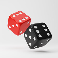 Rolling red and black dice isolated over white background. 3D rendering.