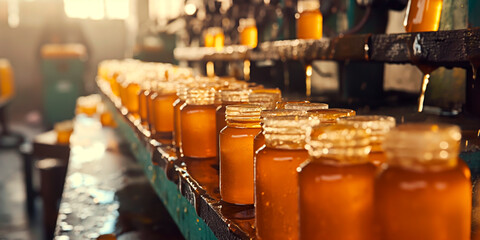 Close-up view of honey filling in factory. Industrial process of honey packaging in jars.