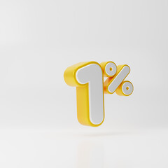White one percent or 1 % with gold outline isolated over white background. 3D rendering.