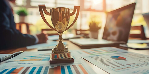Concept of corporate achievement and business success. A trophy on a desk with financial chart reports on a office table during a corporate meeting.