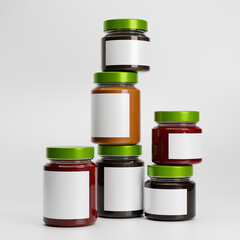 Set of different glass jam jars with blank label isolated over white background. Mockup template. 3d rendering.