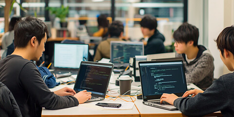 Japanese programmer team coding in modern office. Innovative Japanese coder group at work in startup environment. Asian software engineer team collaborating on new application.