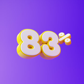 White eighty three percent or 83 % with yellow outline isolated over purple background. 3D rendering.