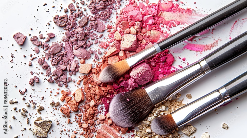Poster a close-up image of makeup brushes covered in various shades of eyeshadow and blush on a white backg