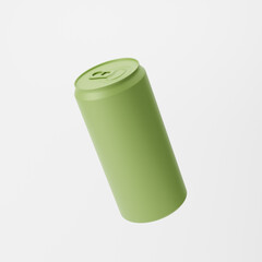 Falling green matte aluminum soda can isolated over white background. Mockup template. 3d rendering.