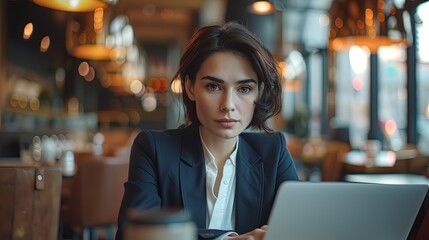 Fototapeta premium A woman in a business suit is sitting at a table with a laptop in front of her