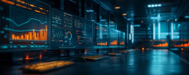 Naklejka premium Futuristic server room with glowing screens
