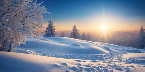 Winter landscape snow mountain background with sunset