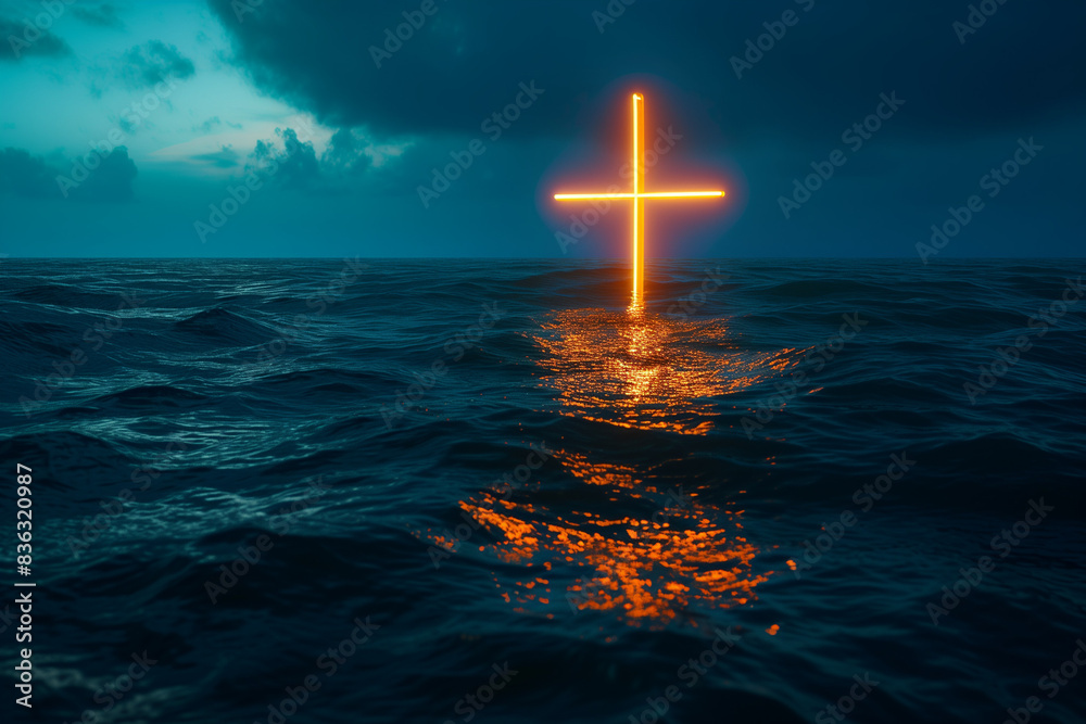 Wall mural neon cross in the middle of the sea. religion