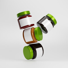 Flying set of different glass jam jars with blank label isolated over white background. Mockup template. 3d rendering.