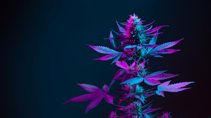 Purple cannabis on dark background, banner with copy space for text. Marijuana hemp plant colored...