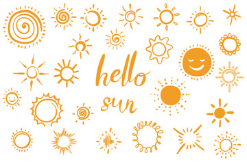 Doodle yellow sun collection, set. Vector isolated on white background. Perfect for icon, print, packaging, web design 