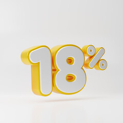 White eighteen percent or 18 % with gold outline isolated over white background. 3D rendering.