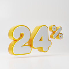 White twenty four percent or 24 % with gold outline isolated over white background. 3D rendering.