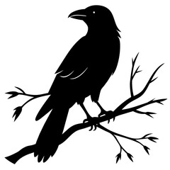 Crow sitting on a branch vector silhouette illustration.