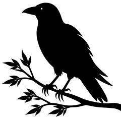 Crow sitting on a branch vector silhouette illustration.