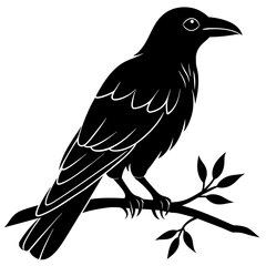 Crow sitting on a branch vector silhouette illustration.
