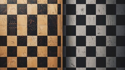 Half chess, half checkers board illustration, emphasizing strategic gameplay contrasts. Great for game enthusiasts
