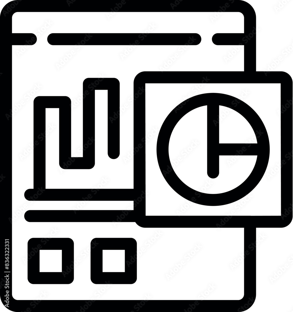 Poster black line art icon of a dashboard with graphs and pie chart for data analysis representation