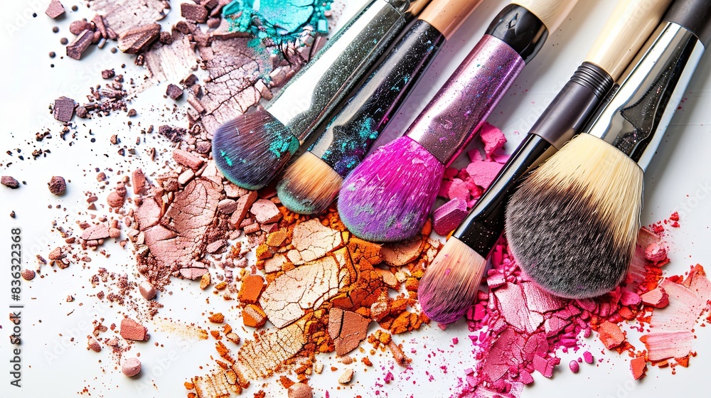 Poster various makeup brushes are covered with eyeshadow and blush on a white background. generative ai
