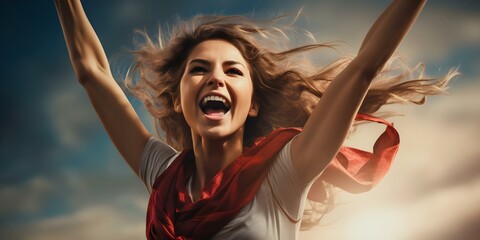 Imaginary character celebrates winning Womens Soccer World Championship with triumphant victory. Concept Sports, Women Empowerment, Soccer, Victory, Celebration