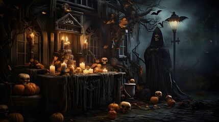 Halloween decoration featuring a haunted house