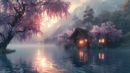 Fototapeta premium Art nouveau artistic image of lakes, fairy tale, wooden cabin, forest, trees. wisteria.