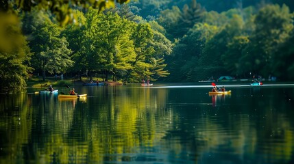 A serene lakeside with people kayaking and paddleboarding on glassy water reflecting lush nature.