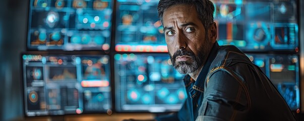 Man in front of futuristic control panels