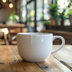 Fototapeta premium White Coffee Mug on Wooden Table at Outdoor Cafe