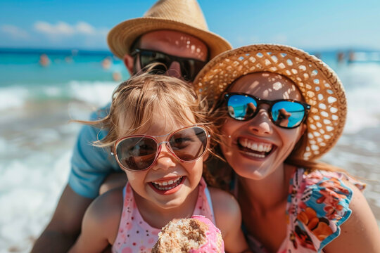 Happy family on the beach eating ice cream in summer