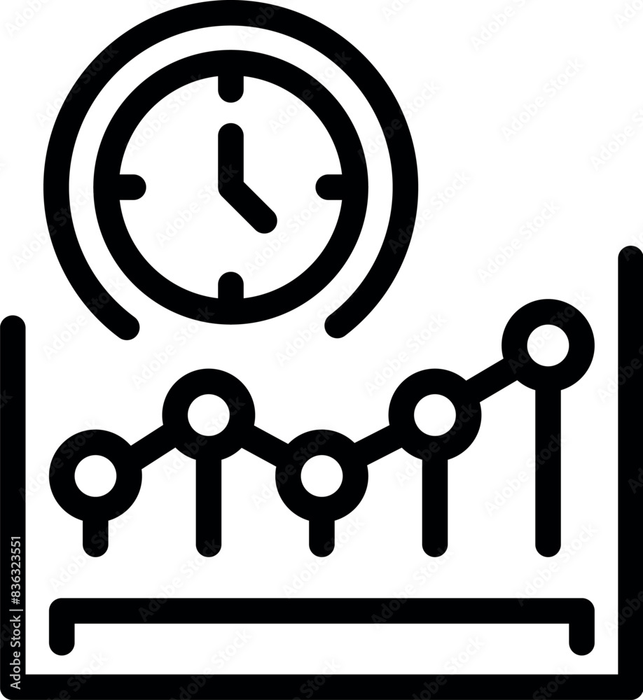 Poster black line icon representing time efficiency with a clock and rising graph