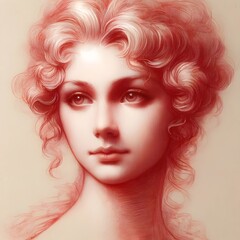 Digitale R&ouml;telzeichnung einer jungen Frau mit llockigem Haar und einem ausdrucksstarken Blick. Die feinen Linien und Schattierungen betonen die Konturen und verleihen dem Portr&auml;t Anmut