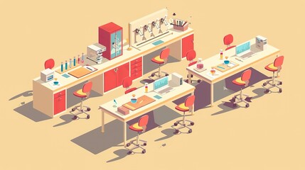 Flat illustration of a science lab with a stethoscope, pipettes, and lab benches, symbolizing scientific research, with space for text