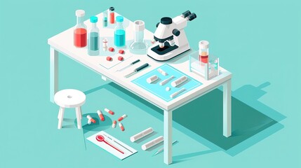 Isometric illustration of a laboratory table with scientific equipment.