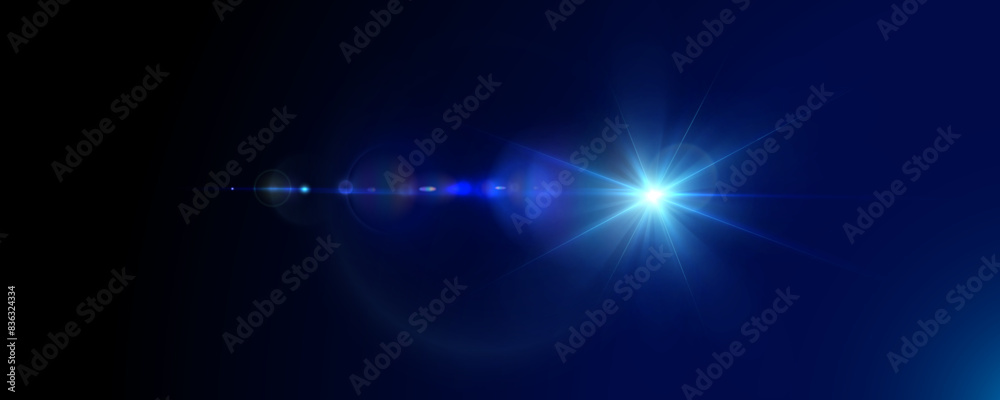 Poster light effect of blue glowing light. solar flare. glow effect. starbursts with twinkling highlights. 