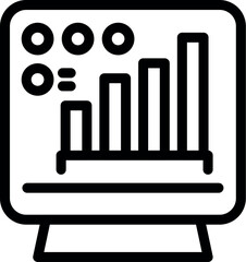 Black and white icon of a computer monitor displaying a bar graph, symbolizing data analysis