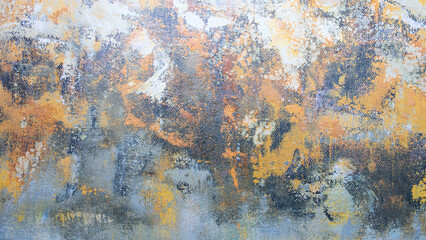 The painting is a mix of yellow and gray colors, with a lot of texture and brush strokes. It gives off a feeling of chaos and disorder, with no clear focal point or structure