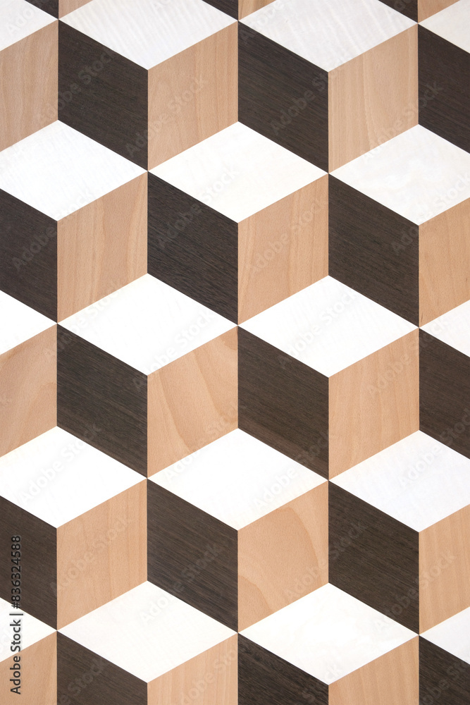 Poster A wood grain patterned wall with black and white squares. The pattern is made up of squares that are all the same size