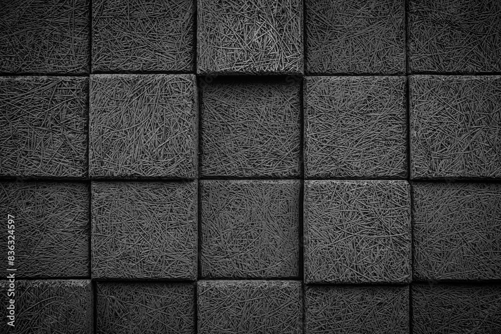 Poster a black and white photo of a wall made of gray blocks. the blocks are arranged in a grid pattern, wi