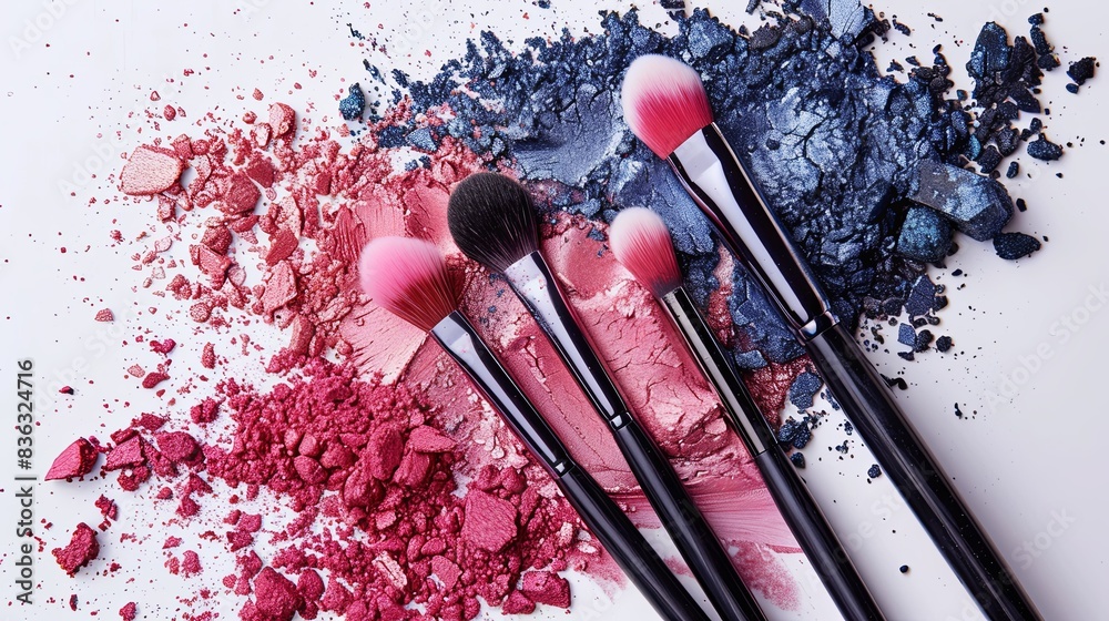 Poster a close-up of makeup brushes covered in colorful eyeshadow and blush on a white background. generati