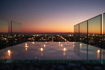 Tranquil Evening on a Glass-Balconied Rooftop Overlooking Distant City Lights Background