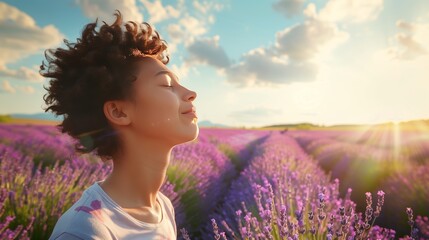 A person stands in a vast lavender field, eyes closed, breathing deeply, and feeling utterly...