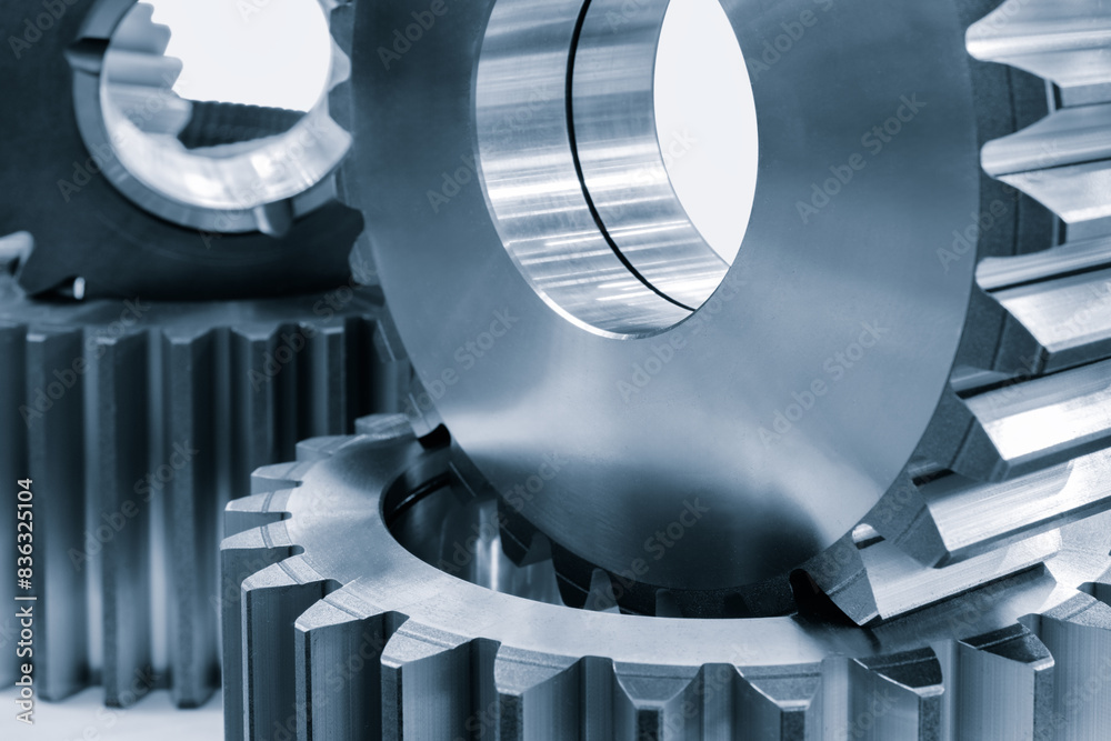Poster A close up of three gears with one of them being the largest. The other two gears are smaller and are positioned in front of the largest gear. Concept of precision and engineering