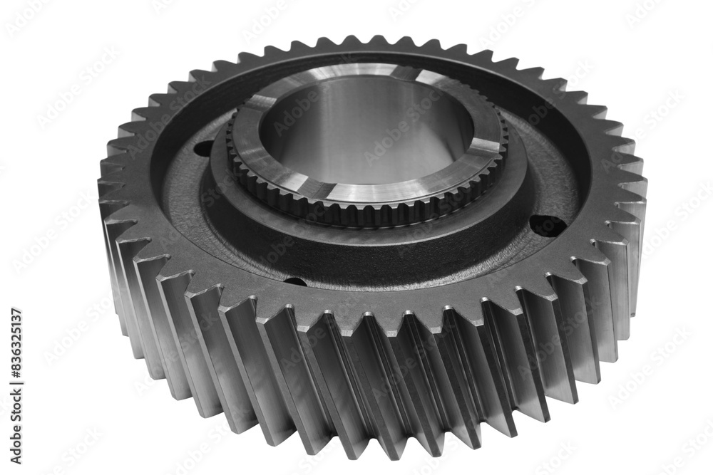Poster a close up of a gear with a black and grey color. isolated on white transparent background