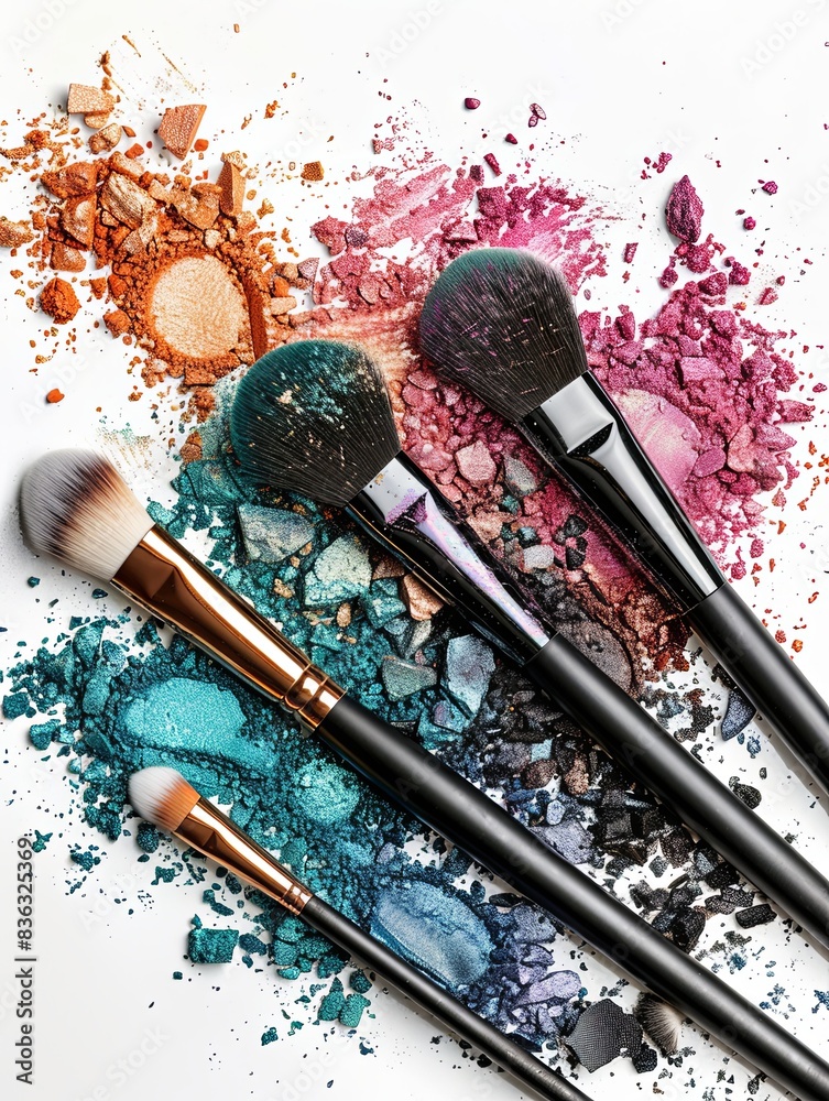 Poster four makeup brushes arranged on a white background with crushed eyeshadow and blush. generative ai